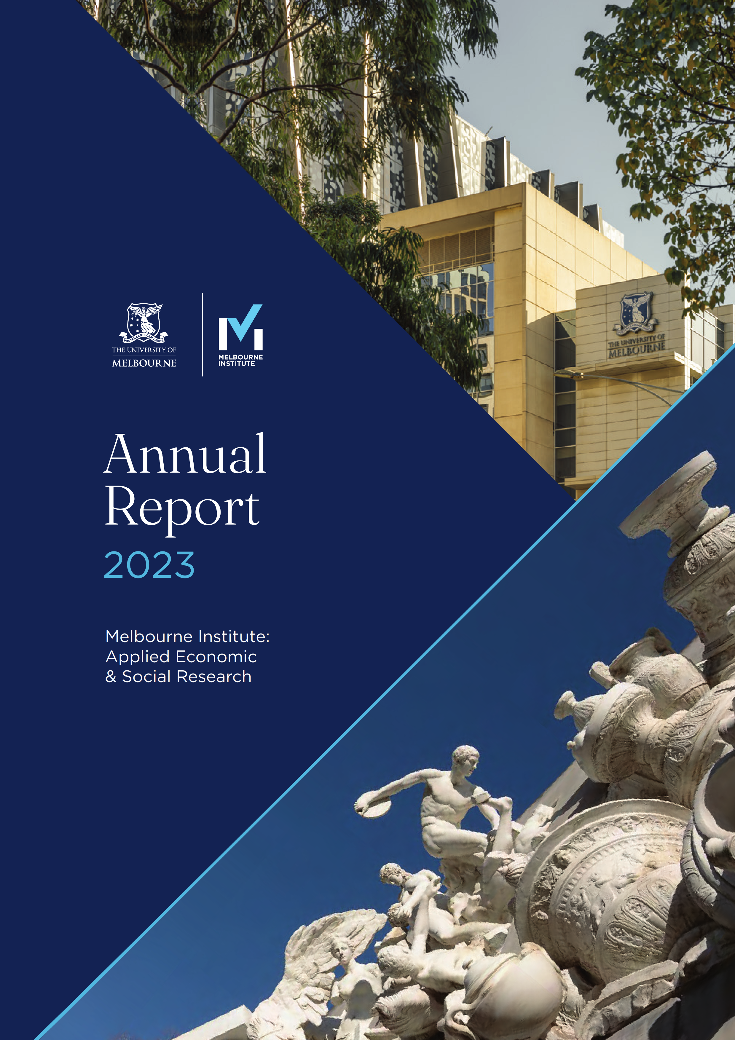 Front cover of Annual Report 2023 with image of the FBE building where the Melbourne Insitute is located and an image of some Roman or Greek stone sculptures